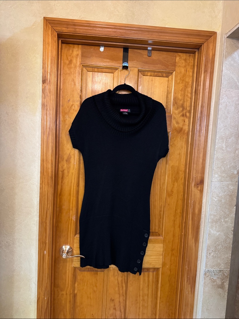 Say What? Black Short-Sleeve Cowl Neck Sweater Dress